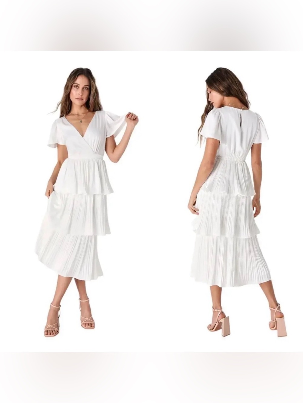 Lulu's White Tiered Pleated Maxi Dress with Flutter Sleeves